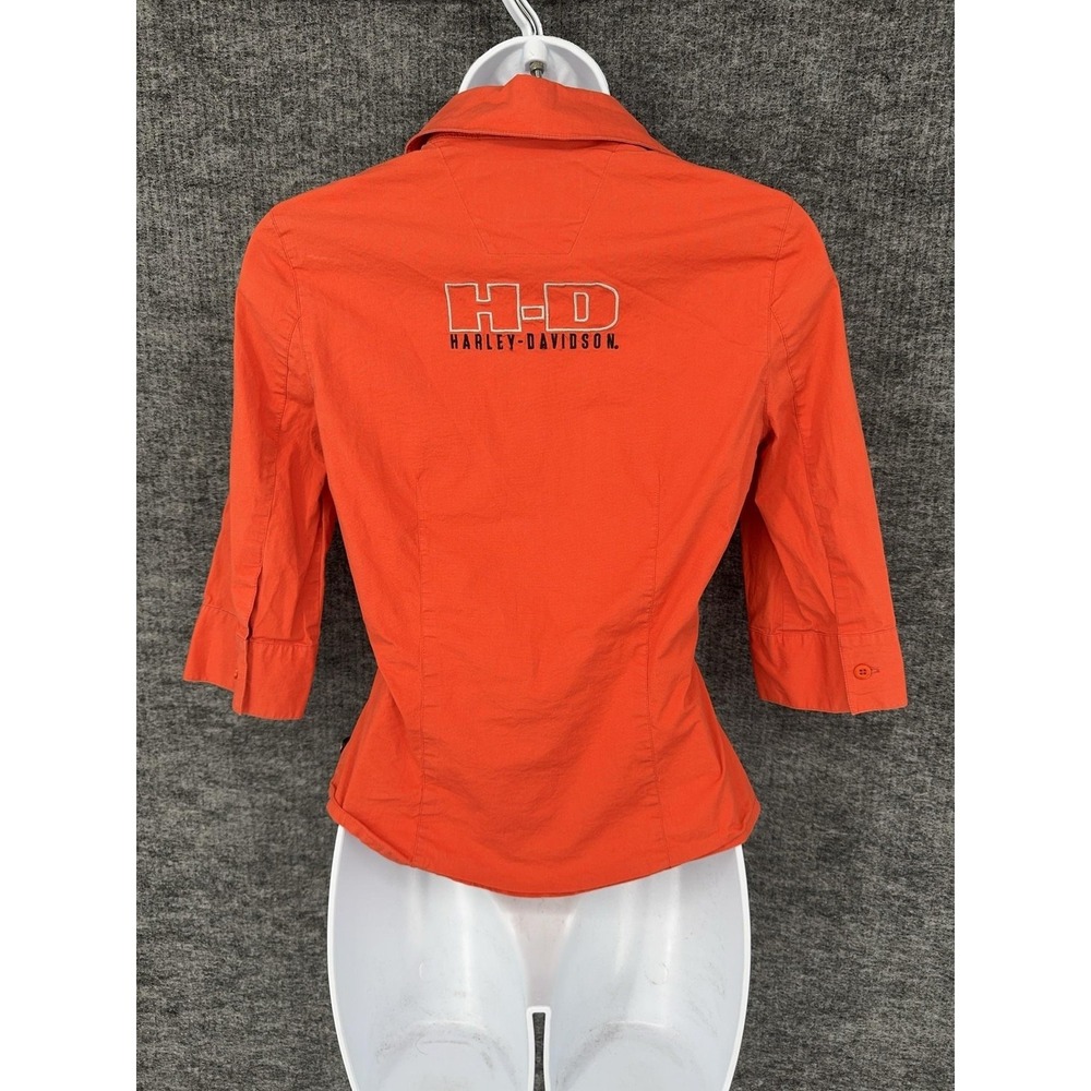 Harley-Davidson Shirt Womens XS Orange Button Front 3/4 Sleeve Stretch H-D‎ Logo